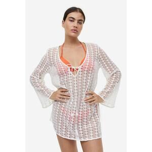 H&M White Crochet Knit Deep V Tie Long Sleeve Beach Cover Up Mini Dress Size M